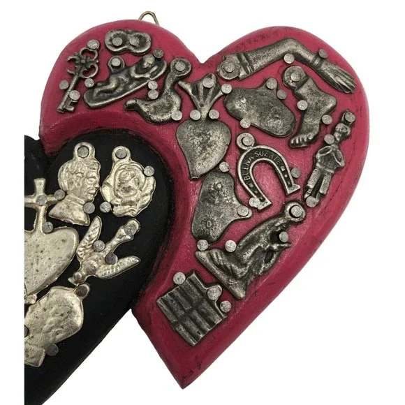 Red & Black Mexican Milagro Wooden Double Heart with Silver Pins Folk Art